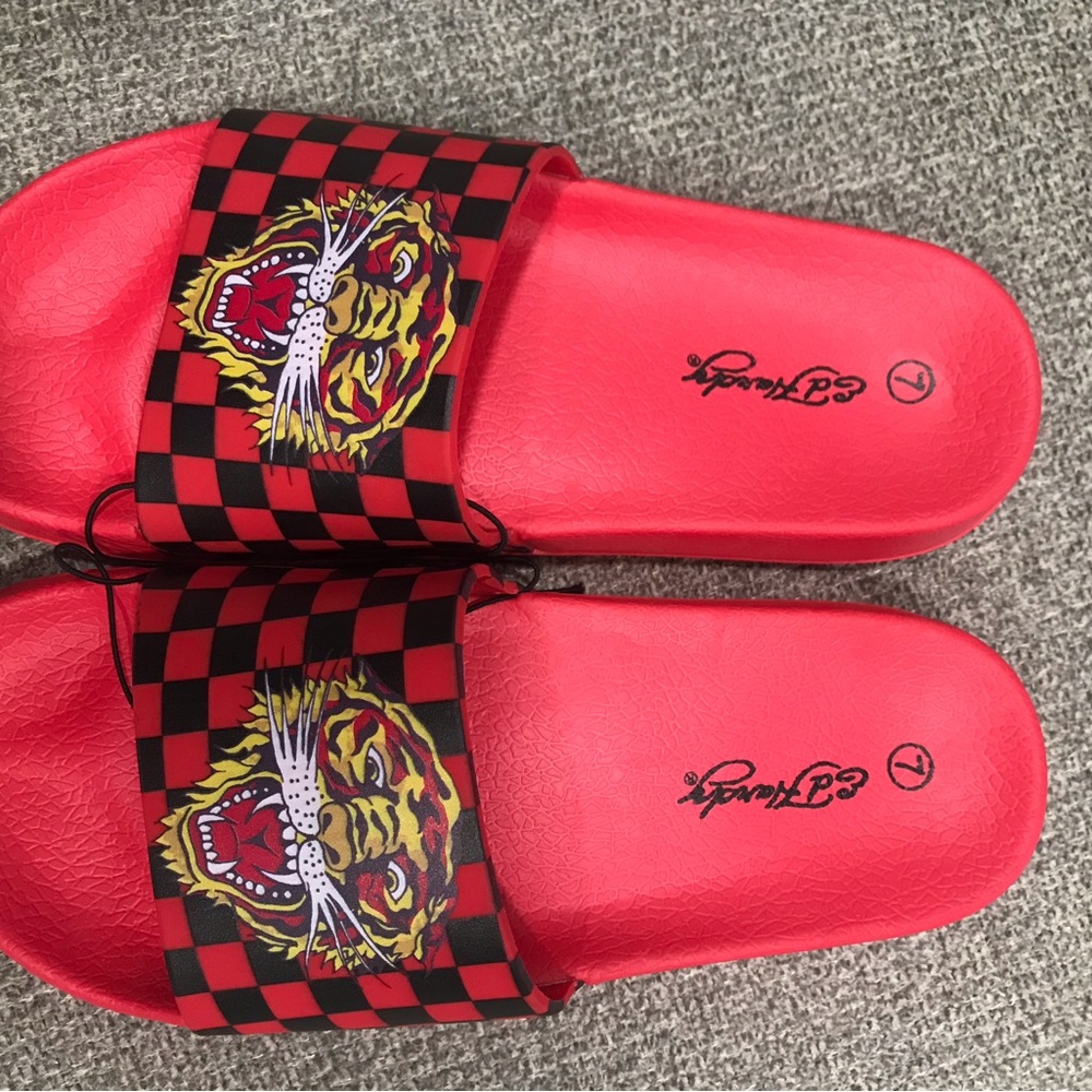 Brand New Ed Hardy Red Slide Sandals with Tiger Design